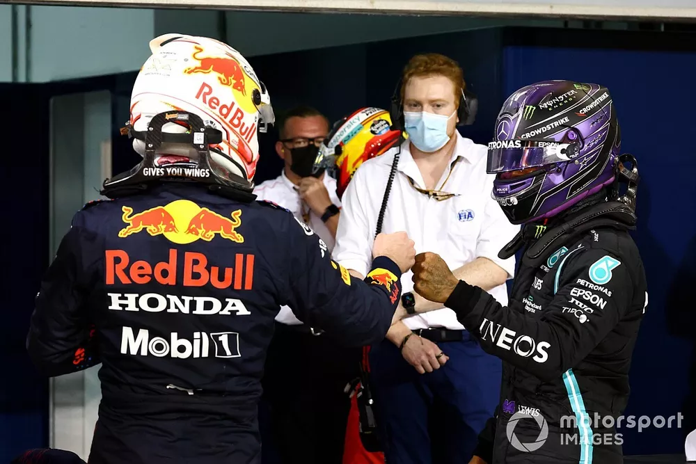 Pole man Max Verstappen, Red Bull Racing, and Lewis Hamilton, Mercedes, after Qualifying