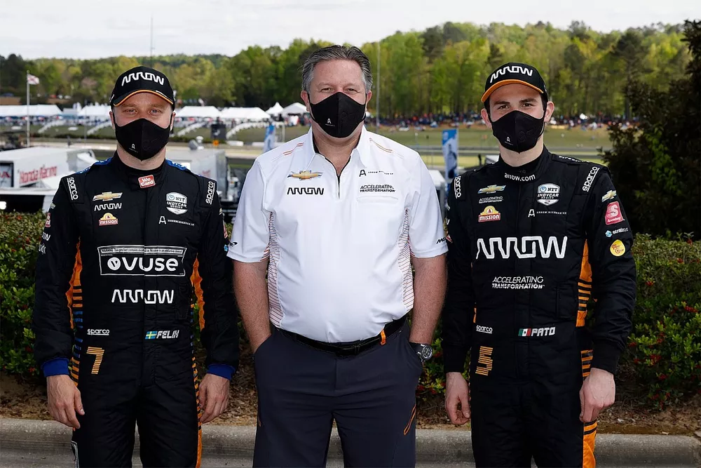 Felix Rosenqvist, Zak Brown and Pato O'Ward, McLaren