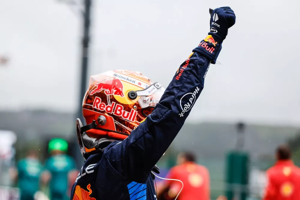 Max Verstappen, Red Bull Racing, celebrates in Parc Ferme after securing pole