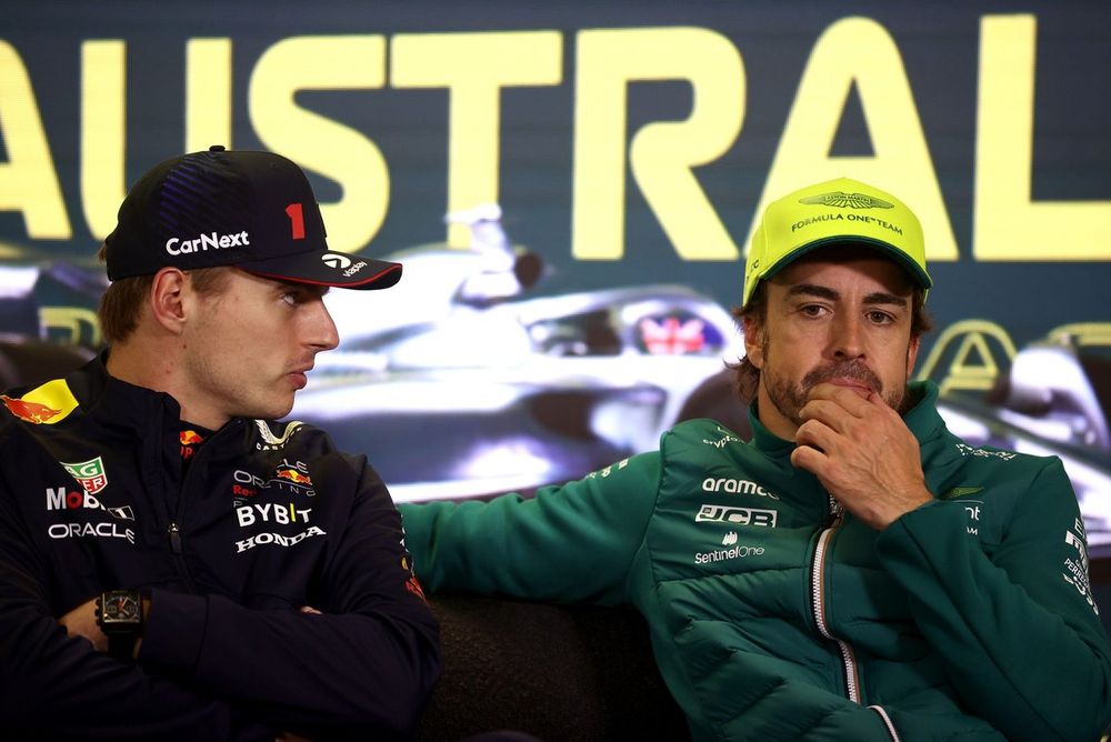 Max Verstappen, Red Bull Racing, Fernando Alonso, Aston Martin Racing at the Press conference