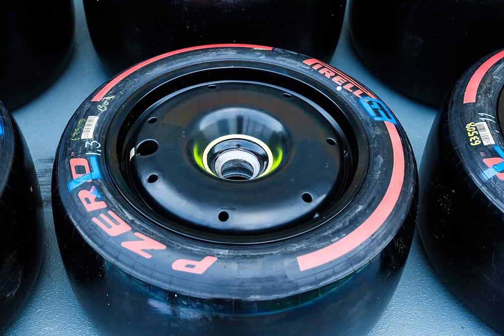 A Pirelli tyre in the pit lane