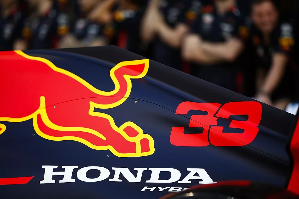 A Honda logo on the engine cover of the Max Verstappen Red Bull Racing RB15 