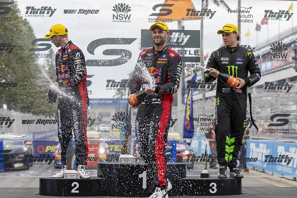 Podium: Race winner Shane van Gisbergen, Triple Eight Race Engineering Chevrolet Camaro ZL1, second place Broc Feeney, Triple Eight Race Engineering Chevrolet Camaro ZL1, third place Cameron Waters, Tickford Racing Ford Mustang GT