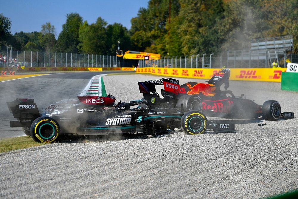 Lewis Hamilton, Mercedes W12 and Max Verstappen, Red Bull Racing RB16B collide