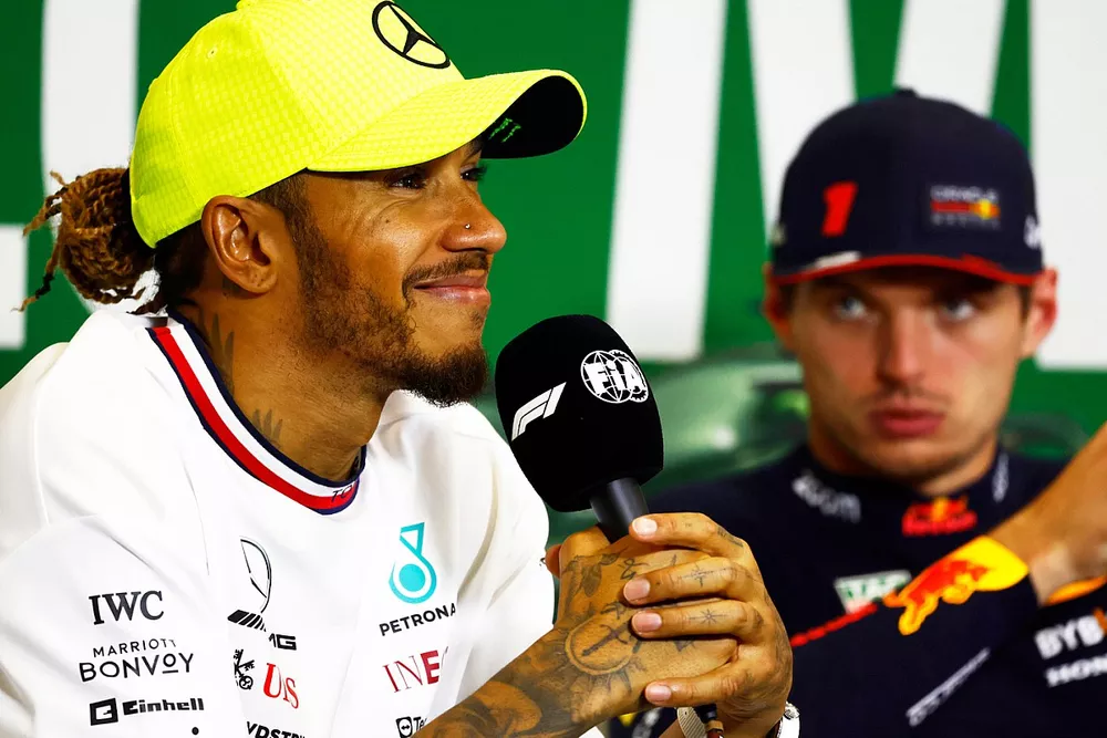 Lewis Hamilton, Mercedes-AMG et Max Verstappen, Red Bull Racing, en conf&eacute;rence de presse