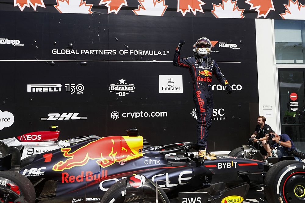 Max Verstappen, Red Bull Racing, 1st position, celebrates on arrival in Parc Ferme