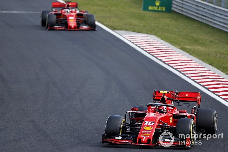 Charles Leclerc, Ferrari SF90, leads Sebastian Vettel, Ferrari SF90