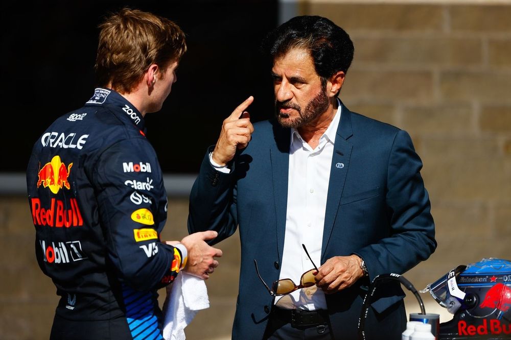 Mohammed Ben Sulayem, President, FIA, talks with Max Verstappen, Red Bull Racing, 3rd position, in Parc Ferme