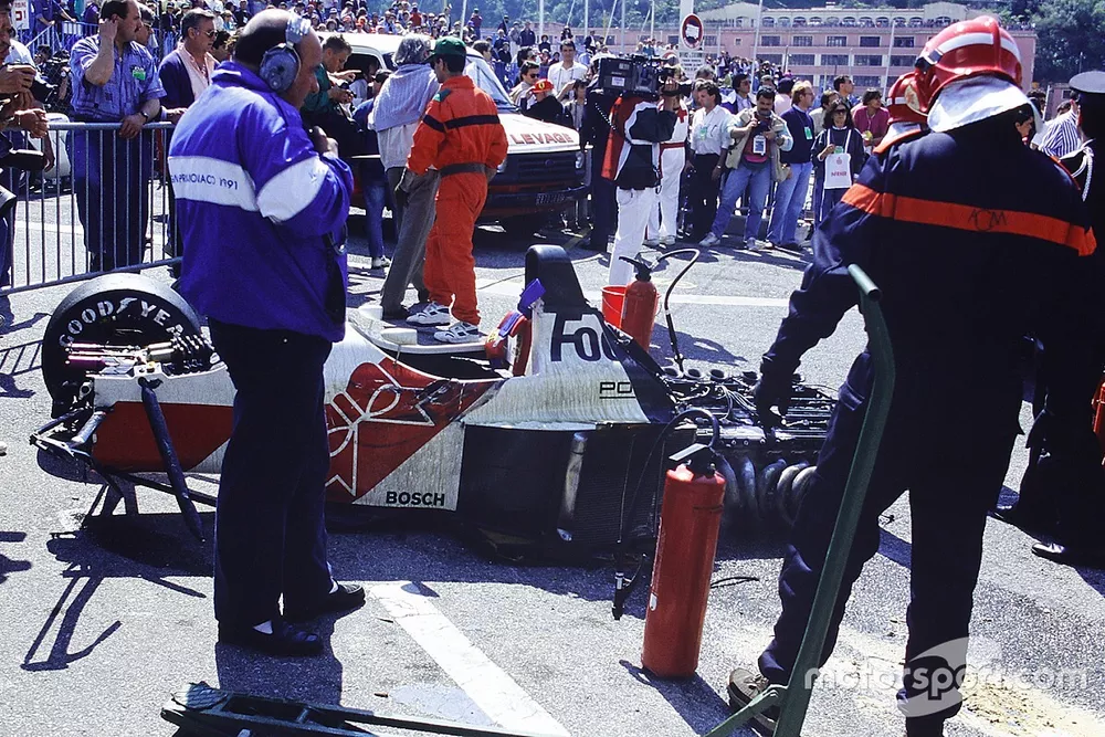 The destroyed car of Alex Caffi, Footwork FA12 Porsche