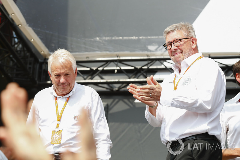 Charlie Whiting, FIA Race Director, Ross Brawn, Managing Director of Motorsports, FOM, on stage