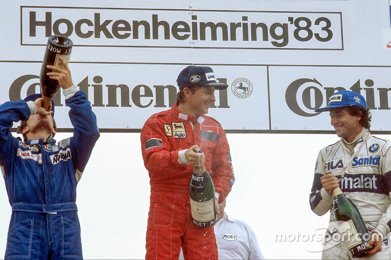 Rene Arnoux, 1st position, Andrea de Cesaris, 2nd position and Riccardo Patrese, 3rd position celebr