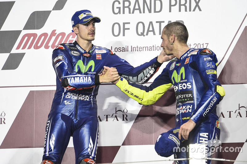 Podium: race winner Maverick Viñales, Yamaha Factory Racing, third place Valentino Rossi, Yamaha Fac