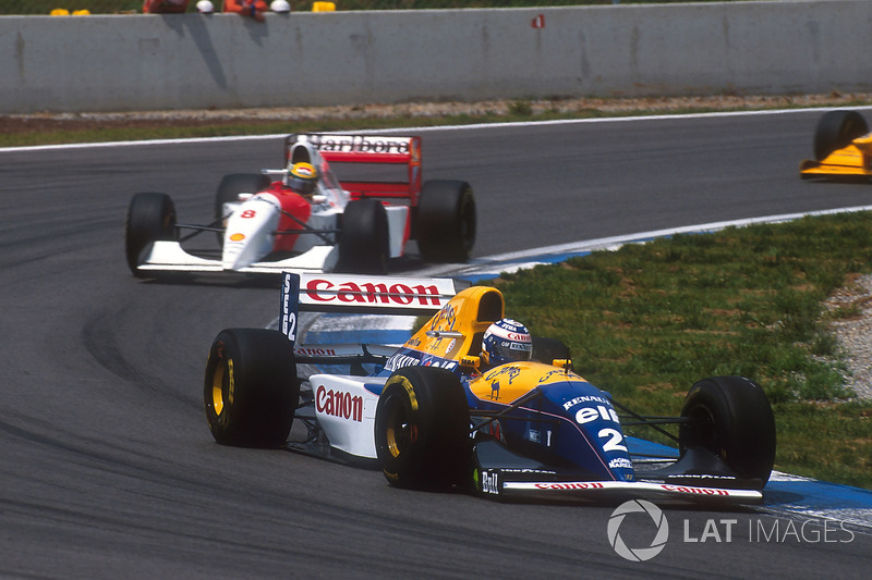 Alain Prost, Williams FW15C Renault, 1st position followed by Ayrton Senna, McLaren MP4/8 Ford