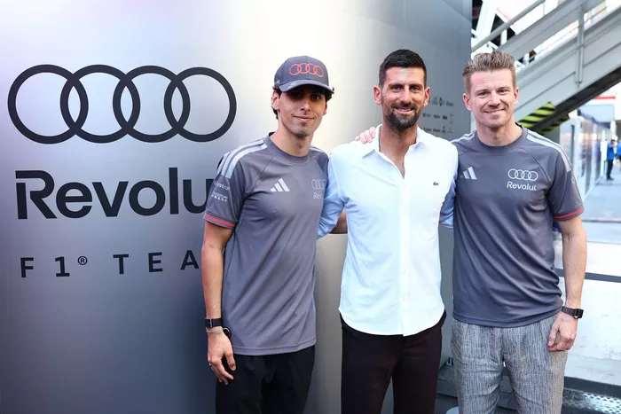 Gabriel Bortoleto, Audi F1 Team, Nico Hulkenberg, Audi F1 Team with Novak Djokovic