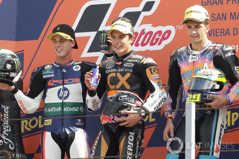 Podium: tweede plaats Pol Espargaro, racewinnaar Marc Marquez, derde plaats Andrea Iannone