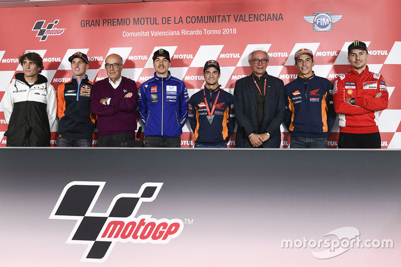 Albert Arenas, Ángel Nieto Team, Pol Espargaro, Red Bull KTM Factory Racing, Carmelo Ezpeleta, Dorna, Maverick Viñales, Yamaha Factory Racing, Dani Pedrosa, Repsol Honda Team, Vito Ippolito, FIM President, Marc Marquez, Repsol Honda Team, Jorge Lorenzo, Ducati Team