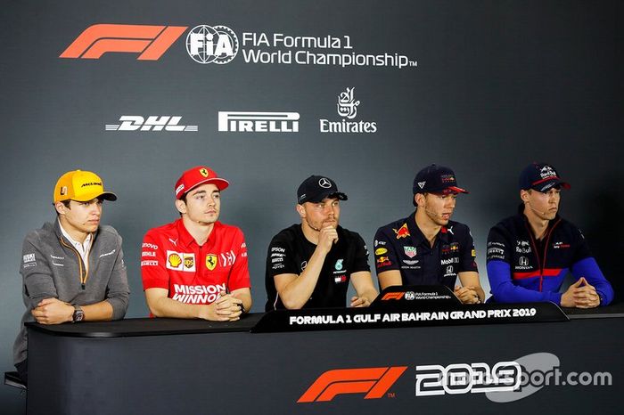 Lando Norris, McLaren, Charles Leclerc, Ferrari, Valtteri Bottas, Mercedes AMG F1, Pierre Gasly, Red Bull Racing and Daniil Kvyat, Toro Rosso en la conferencia de prensa