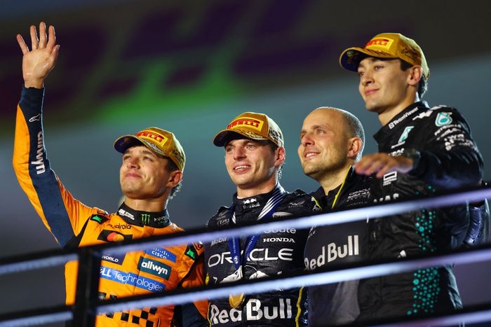 Lando Norris, McLaren, Max Verstappen, Red Bull Racing, George Russell, Mercedes