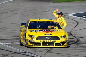Joey Logano, Team Penske, Ford Mustang Pennzoil celebrates his win 