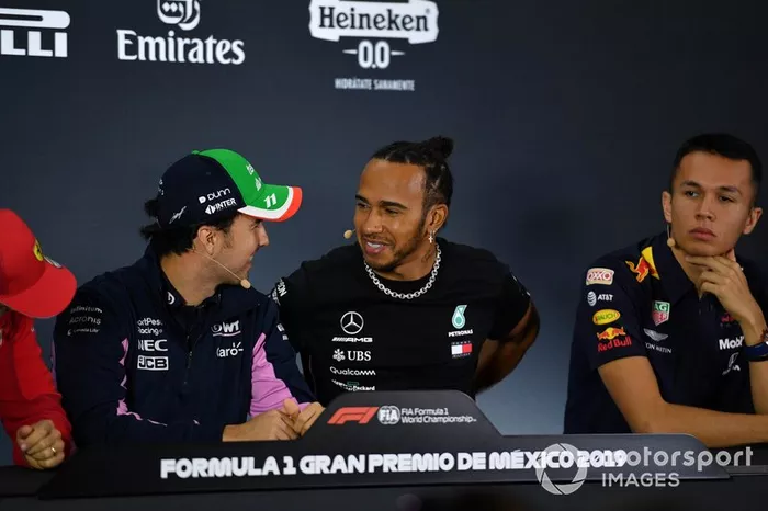 Sergio Perez, Racing Point, Lewis Hamilton, Mercedes AMG F1 and Alex Albon, Red Bull Racing in the Press Conference