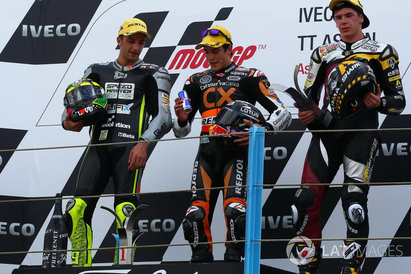 Le podium du GP des Pays-Bas 2012 de Moto2 : Marc Márquez, Andrea Iannone, Scott Redding