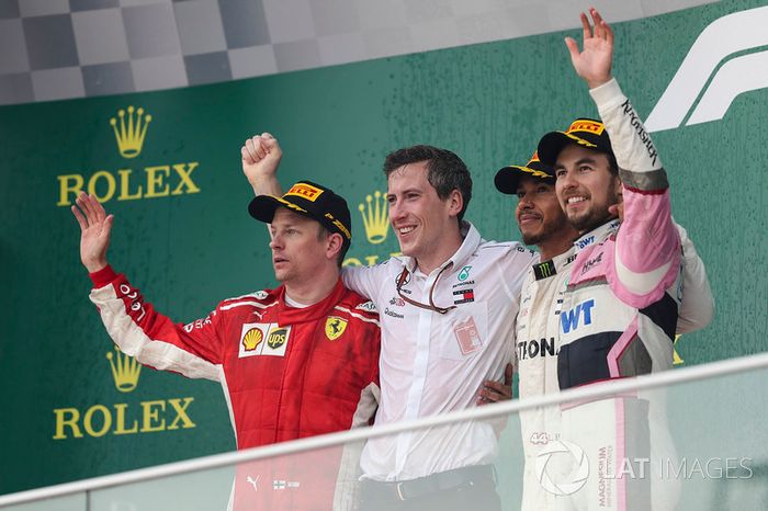 Podio: Ganador, Lewis Hamilton, Mercedes-AMG F1, segundo, Kimi Raikkonen, Ferrari, tercero, Sergio Perez, Force India