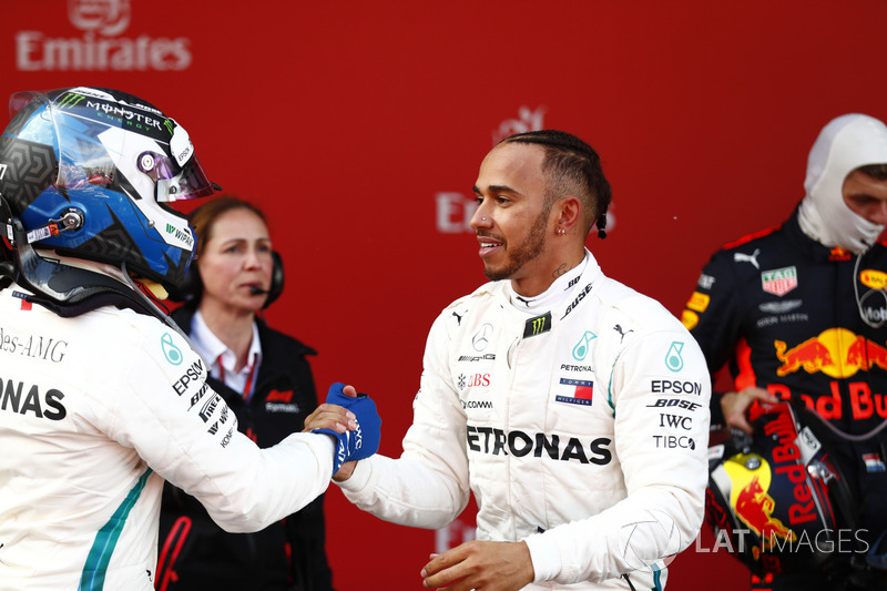 Valtteri Bottas, Mercedes AMG F1, 2nd position, Lewis Hamilton, Mercedes AMG F1, 1st position, congratulate each other in Parc Ferme