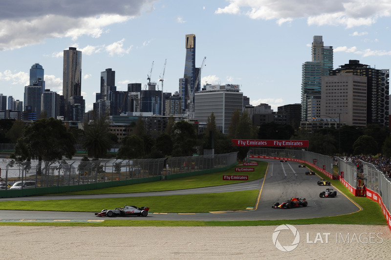 Kevin Magnussen, Haas F1 Team VF-18 Ferrari, Max Verstappen, Red Bull Racing RB14 Tag Heuer, and Romain Grosjean, Haas F1 Team VF-18 Ferrari