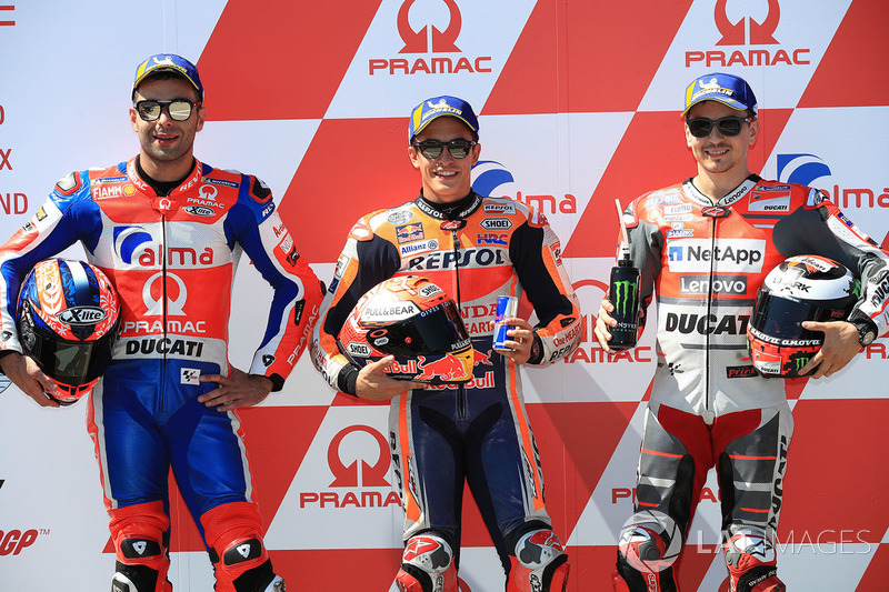 Pole sitter Marc Marquez, Repsol Honda Team, second place Danilo Petrucci, Pramac Racing, third place Jorge Lorenzo, Ducati Team