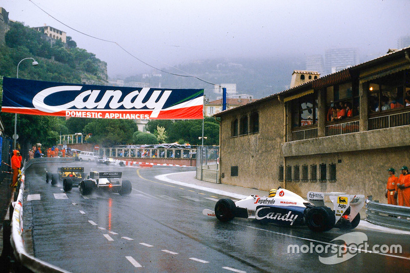 Stefan Bellof, Tyrrell 012-Ford, chases Rene Arnoux and Ayrton Senna