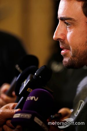 Fernando Alonso talks to the media after announcing his deal to race in the 2017 Indianapolis 500 in an Andretti Autosport run McLaren Honda car