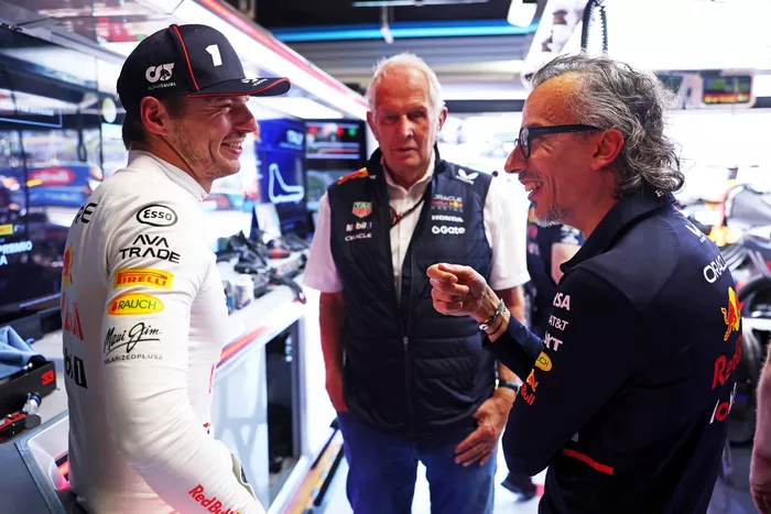 Max Verstappen, Red Bull Racing, Helmut Marko, Red Bull Racing, Laurent Mekies, Red Bull Racing Team Principal
