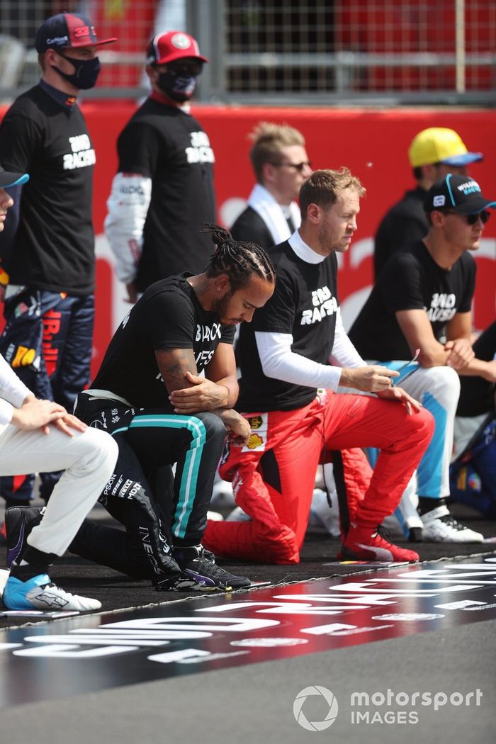 Lewis Hamilton, Mercedes-AMG Petronas F1, Sebastian Vettel, Ferrari, George Russell, Williams Racing, Esteban Ocon, Renault F1, Nico Hulkenberg, Racing Point, Kimi Raikkonen, Alfa Romeo and Max Verstappen, Red Bull Racing