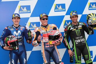 La première ligne de la grille, composée du poleman Marc Márquez, de Maverick Viñales et de Johann Zarco