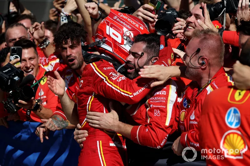 Charles Leclerc, Scuderia Ferrari, 1st position, celebrates with his teammates in Parc Ferme 