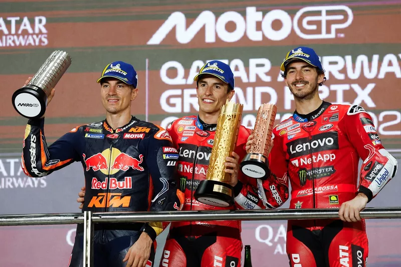 Francesco Bagnaia, équipe Ducati, Maverick Vinales, Red Bull KTM Tech 3, Marc Marquez, équipe Ducati
