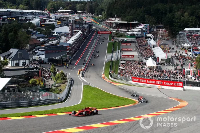 Charles Leclerc, Ferrari SF90, leads Lewis Hamilton, Mercedes AMG F1 W10 Sebastian Vettel, Ferrari SF90, and Valtteri Bottas, Mercedes AMG W10