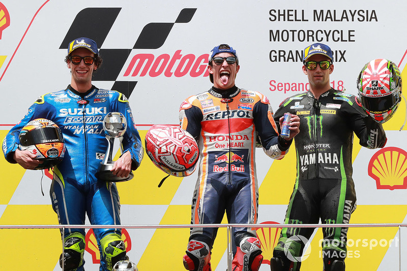 Podio: 1º Marc Marquez, 2º Alex Rins, 3º Johann Zarco