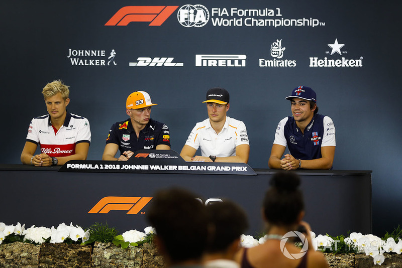 Marcus Ericsson, Sauber, Max Verstappen, Red Bull Racing, Stoffel Vandoorne, McLaren, and Lance Stroll, Williams Racing, in the Thursday press conference