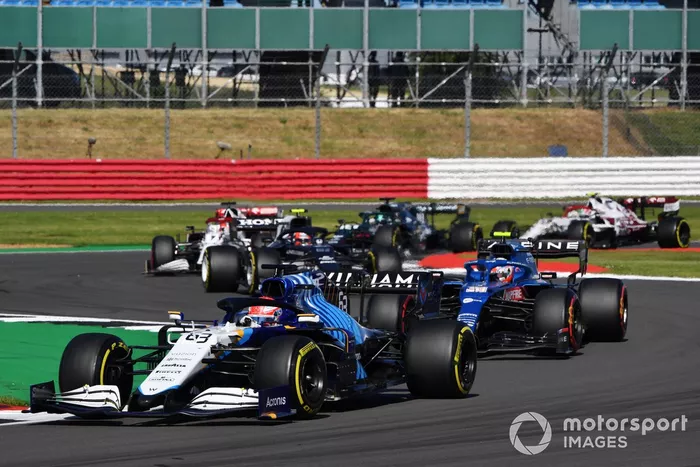George Russell, Williams FW43B, Esteban Ocon, Alpine A521, and Pierre Gasly, AlphaTauri AT02