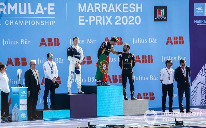 Antonio Felix da Costa, DS Techeetah, DS E-Tense FE20, primo classificato, Maximilian Günther, BMW I Andretti Motorsports, secondo classificato, Jean-Eric Vergne, DS Techeetah, DS E-Tense FE20, terzo classificato