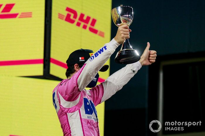 Podio: tercer lugar Lance Stroll, Racing Point celebra