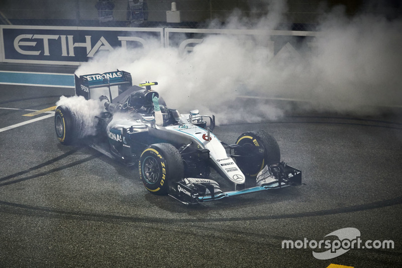 Second place Nico Rosberg, Mercedes AMG F1 W07 Hybrid celebrates his World Championship at the end of the race