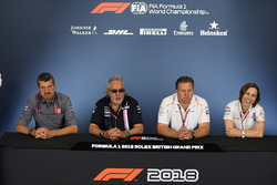 Guenther Steiner, Team Prinicipal, Haas F1 Team, Dr. Vijay Mallya, Force India Formula One Team Owner, Zak Brown, McLaren Racing CEO and Claire Williams, Williams Deputy Team Principal in the Press Conference