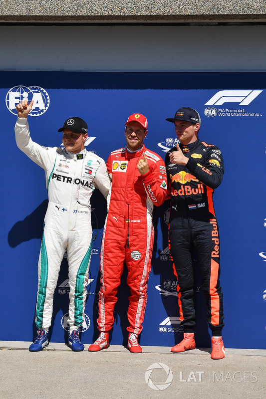 Valtteri Bottas, Mercedes-AMG F1, Sebastian Vettel, Ferrari and Max Verstappen, Red Bull Racing cele