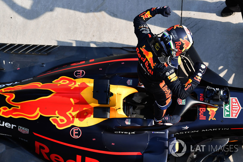 Race winner Daniel Ricciardo, Red Bull Racing RB14 celebrates in parc ferme