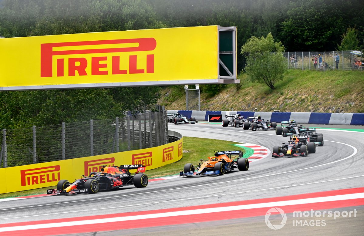 Max Verstappen, Red Bull Racing RB16B, Lando Norris, McLaren MCL35M, and Sergio Perez, Red Bull Racing RB16B