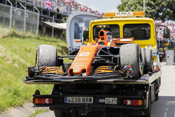 The car of Stoffel Vandoorne, McLaren MCL32, is returned to the garage on a flat bed truck