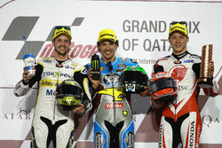 Podium ; le deuxième, Thomas Luthi, CarXpert Interwetten; le vainqueur Franco Morbidelli, Marc VDS,; le troisième, Takaaki Nakagami, Idemitsu Honda Team Asia