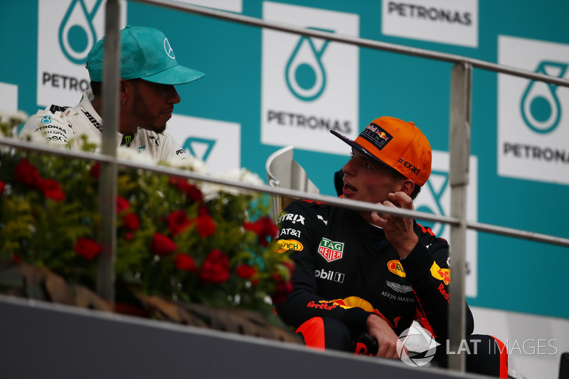second place Lewis Hamilton, Mercedes AMG F1, Max Verstappen, Red Bull Racing, race winner, talk on the podium